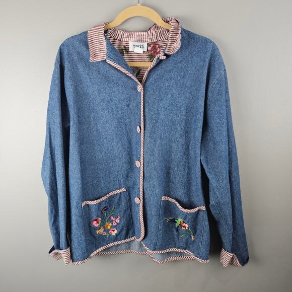 Teddi Jackets & Blazers - Vintage Button Up Denim Jacket Gingham Trim & Floral Embroidery Cottagecore
